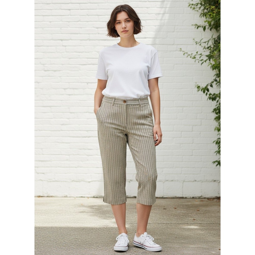 Apostrophe Stretch Seersucker Striped Capri Pants Tan White Womens 12 Cropped